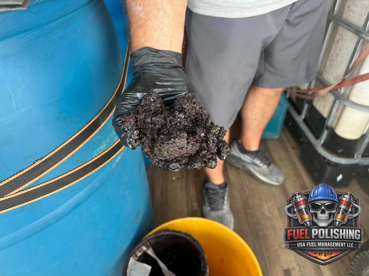 A gloved hand holding dark sludge beside a collection drum during tank-cleaning work