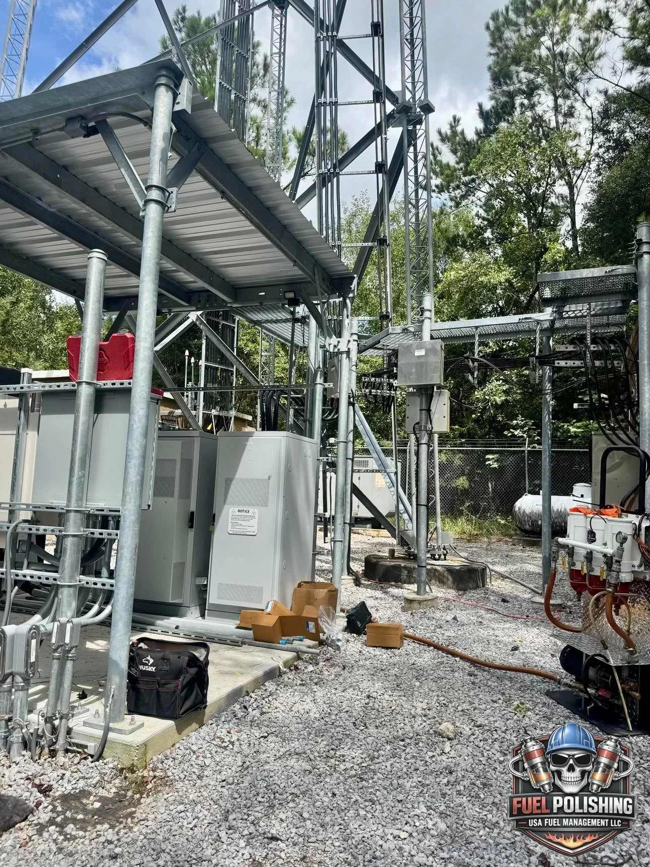 Fuel filtration equipment and hoses beside backup-power equipment at a communications tower site